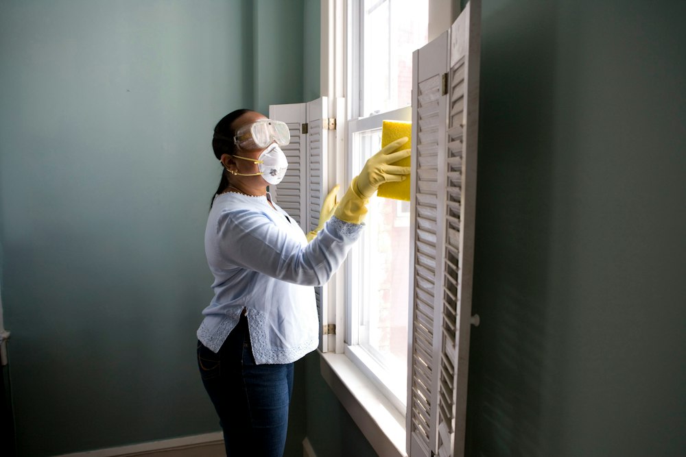 Worker cleaning interior glass windows